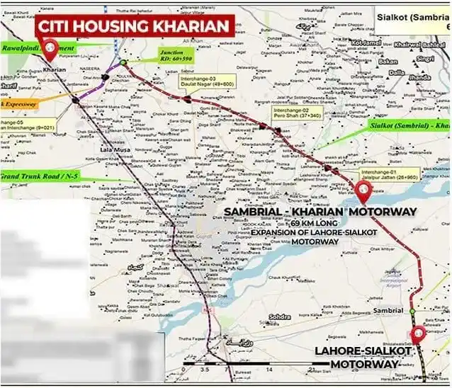 Route map of the Kharian-Sambrial Motorway linking GT Road to M-11, showing key interchanges.